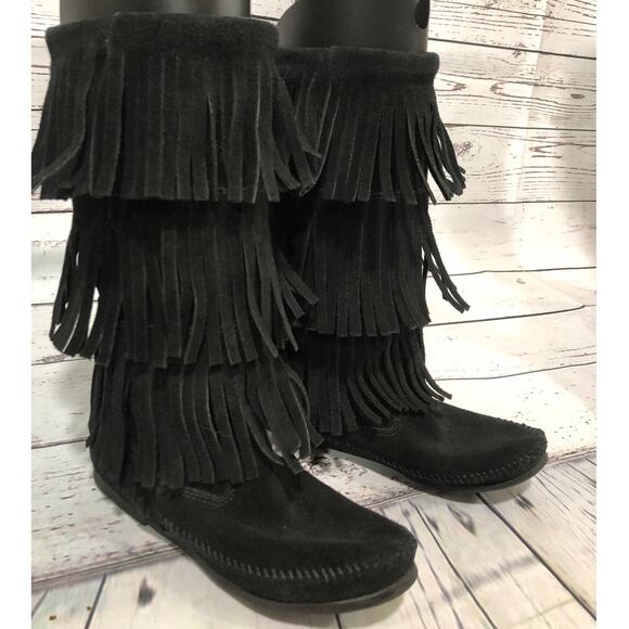 Minnetonka 3-Layer Black Fringe Boot 12" tall cowgirl western size 7 - Picture 3 of 13